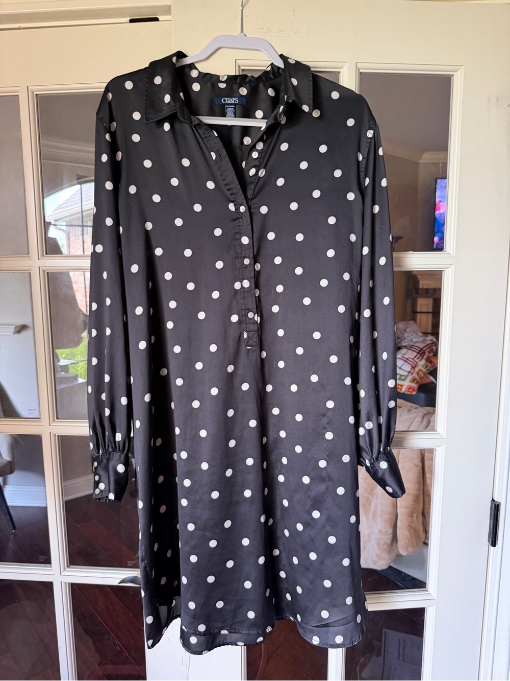 CHAPS Polka Dot Satin Tunic Shirtdress Black White XXL